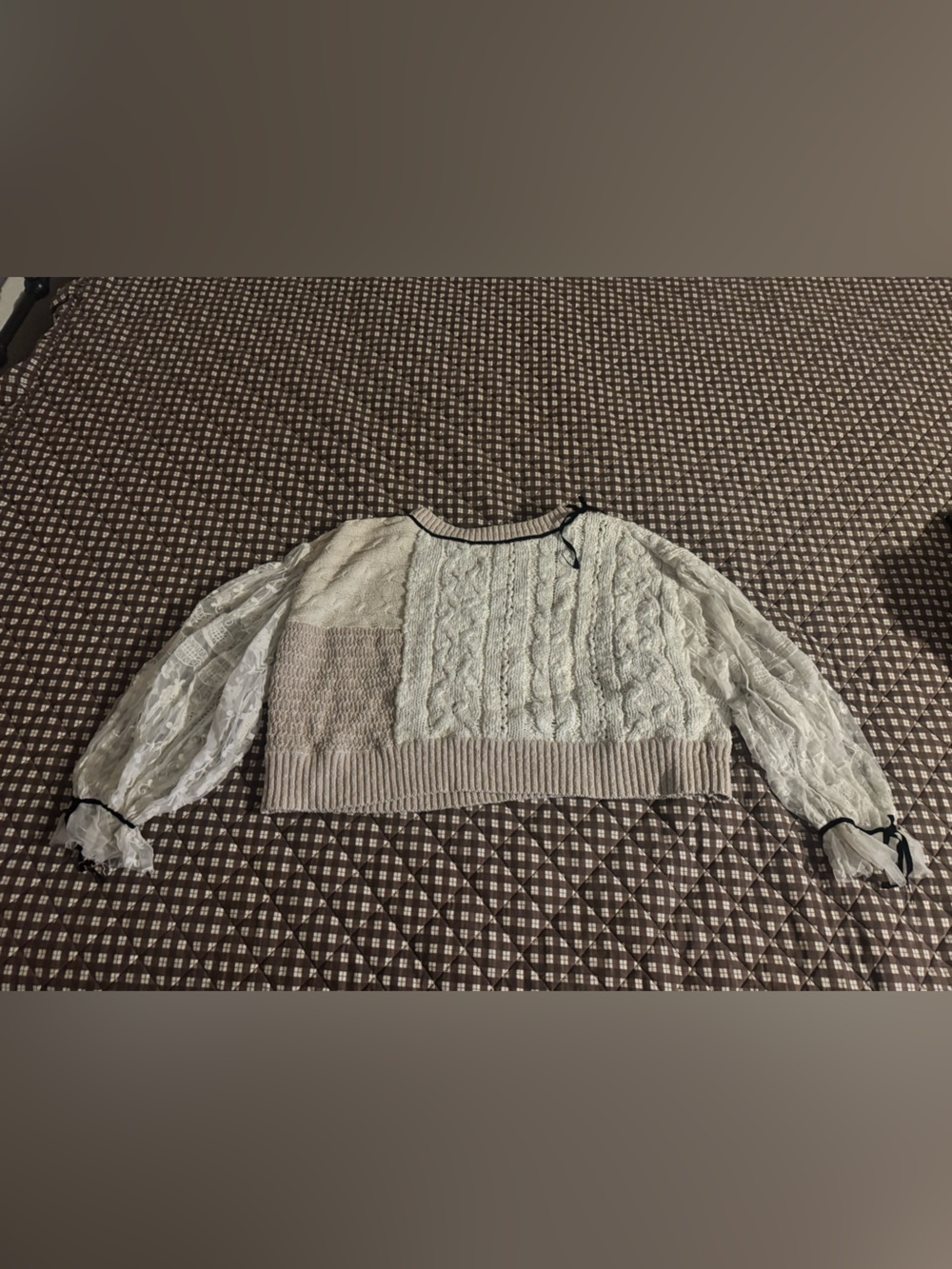 Anthropologie Cream and Light Brown Mixed-Knit Puff Sleeve Sweater